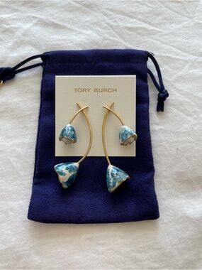 Tory Burch Blue and White Marble Long Drop Earrings with Gold Stems